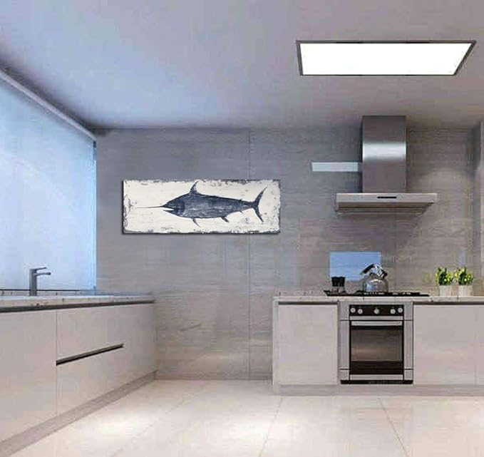 Yihui Arts Nautical Canvas Wall Art Animal Pictures Hand Painted Swordfish Paintings Ancient Ocean Seascape Coatal Artwork for Living Room Decoration