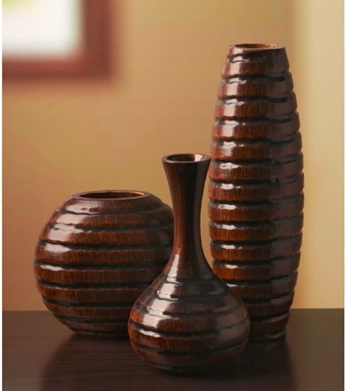 Hosley's Set of 3 Carved Wood Vases Small 6" Medium 8" and Tall 12" High. Ideal Gift for Floral Arrangements Wedding and Use for Home Office Decor Fireplace Floor Vases Spa Aromatherapy Settings