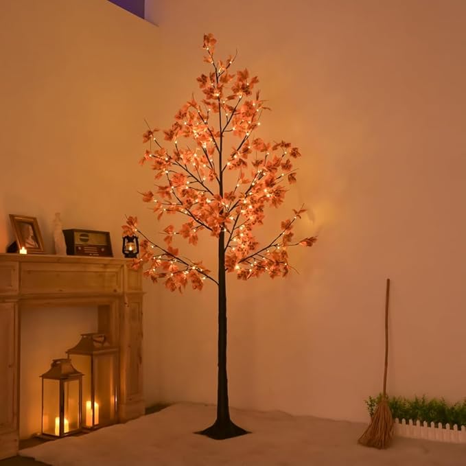 Artificial Lighted Maple Tree with 136 Warm White LED Lights, Indoor Outdoor Home Party Thanksgiving Christmas Decor(8FT/136LED)