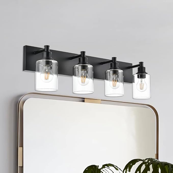 4-Lights Bathroom Vanity Light Fixtures, Black Modern Wall Lighting Over Mirror with Clear Glass Shade (E26 Bulb Base)