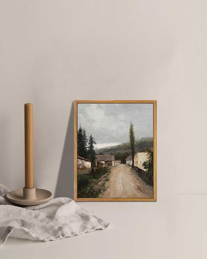 KBKBART Framed Wall Art, Vintage European Village Country Canvas Art Prints Farmhouse Decor, Vintage Oil Painting Picture, Rustic Landscape Wall Decor for Bathroom, Bedroom Living Room, Vintage Art(8"x10")