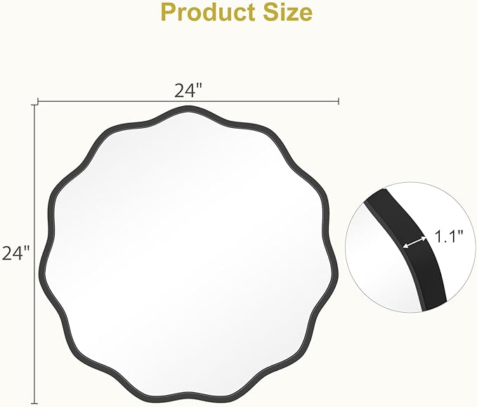 WallBeyond Round Wavy Mirror for Wall Decorative 24 inch, Modern Round Mirror Aluminum Frame for Bathroom Bedroom Living Room Home House Office Entryway, Black