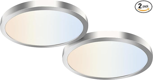 hykolity 2 Pack 12 Inch Selectable CCT LED Round Flat Panel Light, 24W 3000K/4000K/5000K, Edge-Lit Flush Mount Ceiling Light Fixture for Kitchen, Bedroom, Laundry and Closet Room,Brush Nickel