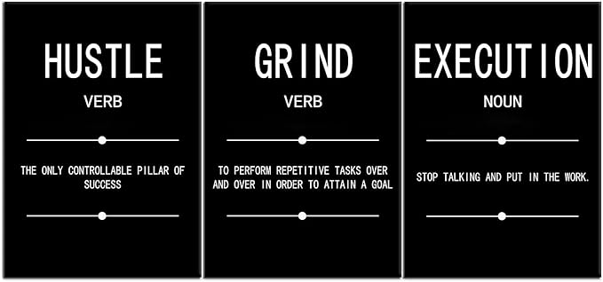 Grind Hustle Execution Noun Motivational Painting Wall Art 3 Pieces Canvas Print Inspirational Office Decor Poster Inspiring Quotes Framed for Wall Art Decoration Ready to Hang [60''Wx 28''H]