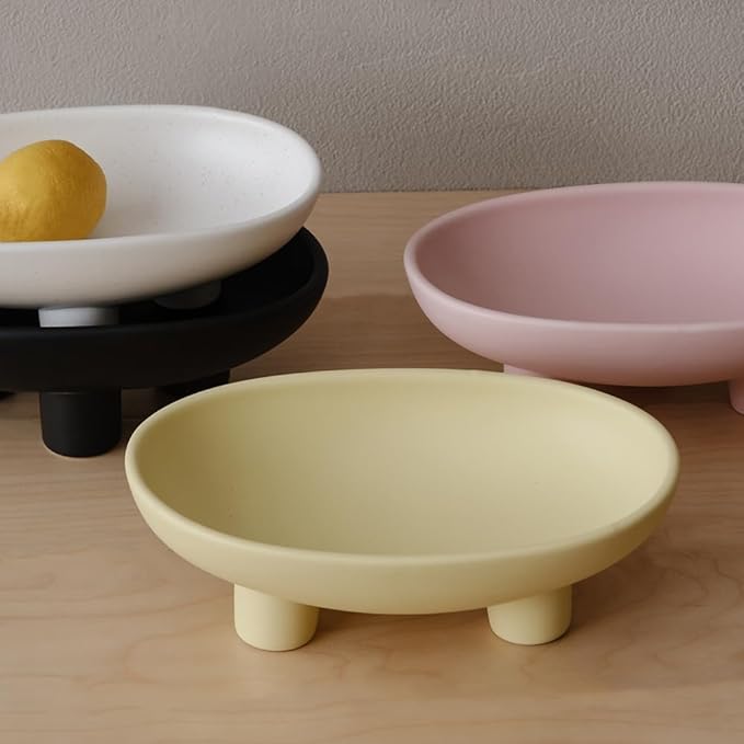 WENSHUO Three-Legs Ceramic Fruit Bowl for Kitchen Counter, Decorative Bowl for Table Décor, 10-inch Oval Large Bowls for Breads (Matte Yellow)