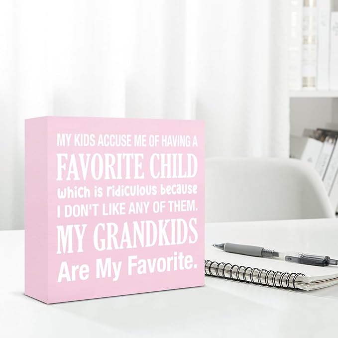 My Kids Accuse Me of Having a Favorite Child Wooden Sign Grandparents Day Decorations Grandma Gift Ideas Wood Block Plaque Box Sign for Home Desk Shelf Table Decorations 5 X 5 Inch - Pink