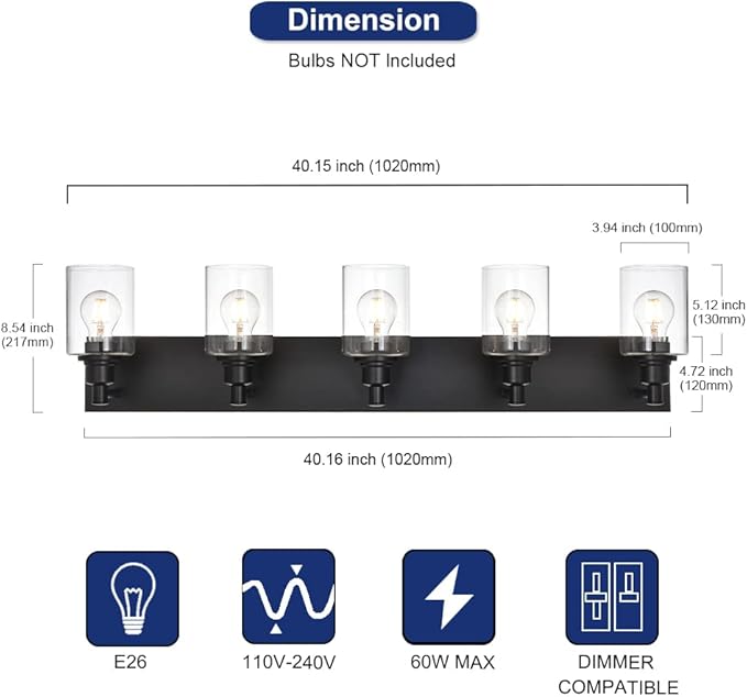 Black Bathroom Light Fixtures Over Mirror, Modern 5-Lights Wall Sconce Lighting with Clear Glass Shade for Vanity Living Room (E26 Bulb Base)