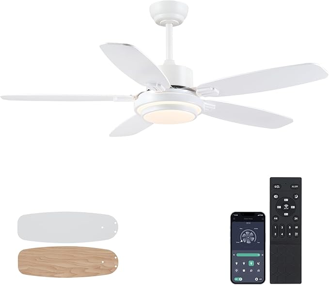Ceiling Fan with Light and Remote/APP Control,50" Modern Indoor Ceiling Fan with DC Reversible Motor, Quiet 6 Speeds Flush Mount Ceiling Fan Light for Bedroom,Dinnig Room,White