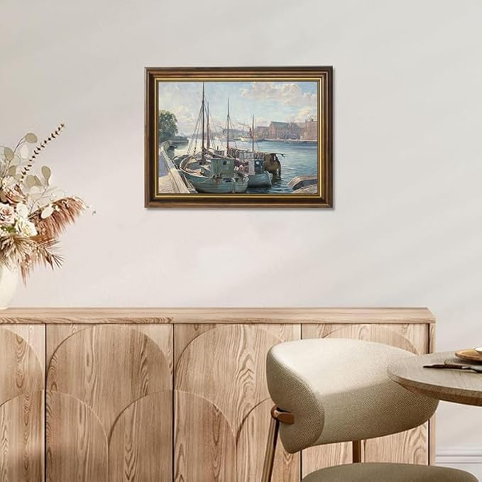Yihaca Framed Canvas Prints Art Vintage Decor, Boats moored at a quay Canvas Prints Wall Decorations, Home Office Farmhouse Bathroom Decor-12''x16''in Vintage Brown Framed