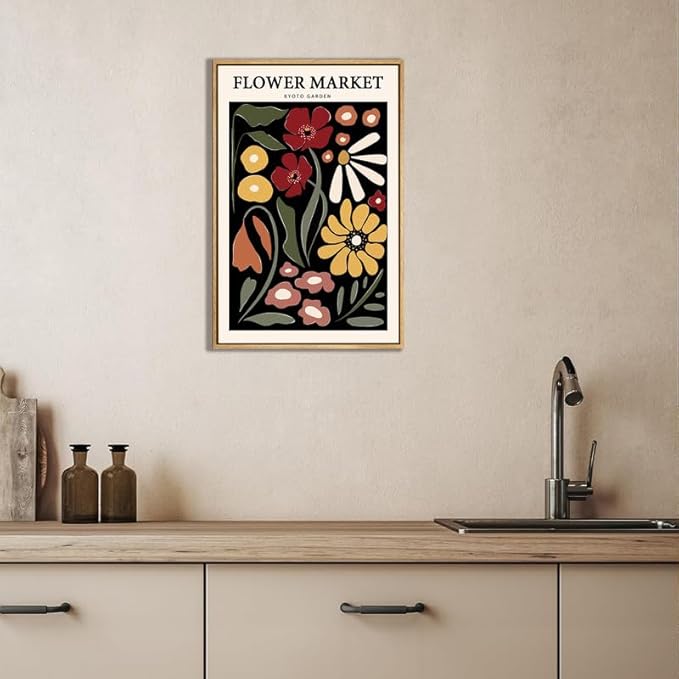 Gufro Framed Flower Market Wall Art,Floral Pictures Wall Decor,Abstract Colorful Botanical Painting for Living Room, Bedroom, Office-24x32in