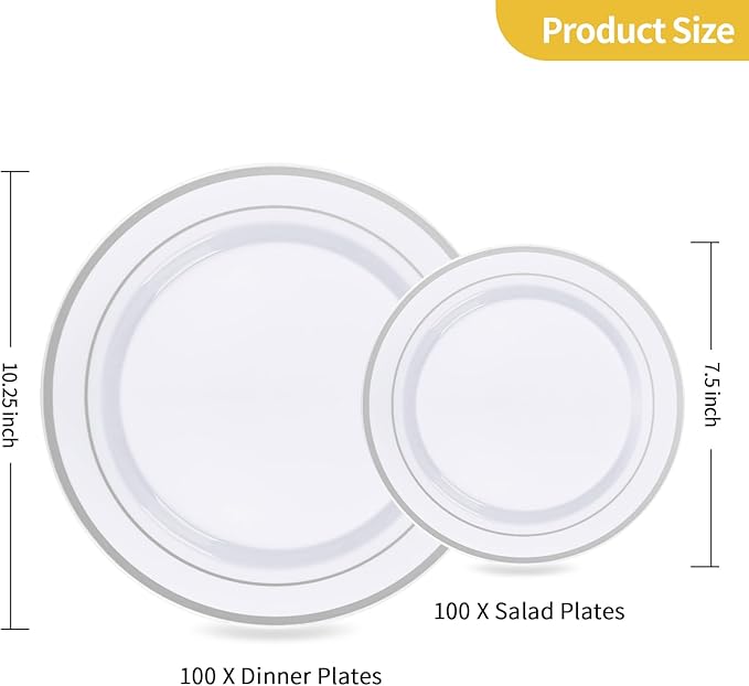 Goodluck 200PCS Silver Plastic Plates, Heavy Duty Disposable Gold Plates with 100 10.25 inch Dinner Plates and 100 7.5 inch Dessert Plates, Disposable Plates for Party, Holiday, Wedding, Christmas