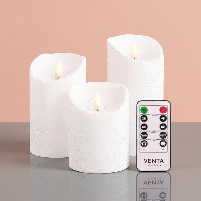 VENTA Set of 3 Ivory & White Pillar Candles | Real Wax Battery Operated Flickering LED Candles with Remote | Timeless Decor for Farmhouse, Modern & Mantel Displays