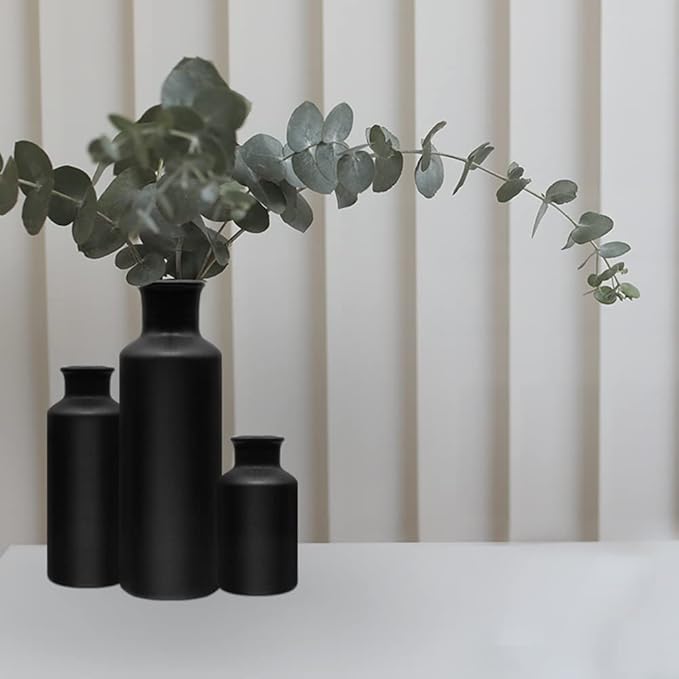 Matte Black Ceramic Vase Set, 3 Small Rustic Decorative Vases for Modern Farmhouse Office Home Decor, Living Room Centerpieces Decoration for Table Mantel Entryway Shelves Decor