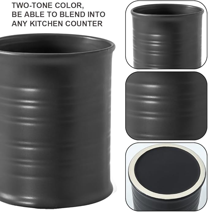 Nihow Kitchen Utensil Holder: 7.2 Inch Extra Large Ceramic Utensil Holder for Countertop - Stable Utensil Crock for Kitchen Counter Decor - Matte Black (1PC)