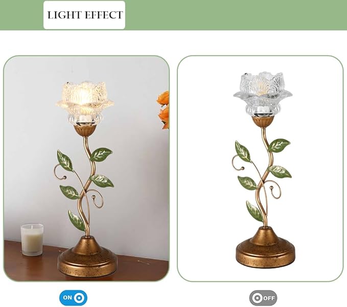 Glass Table Lamp, Antique Flower Decorative Bedside Desk Lamp with Green Leaf, Small Retro Decorative Lamp for Bedroom Living Room Bronze Finish