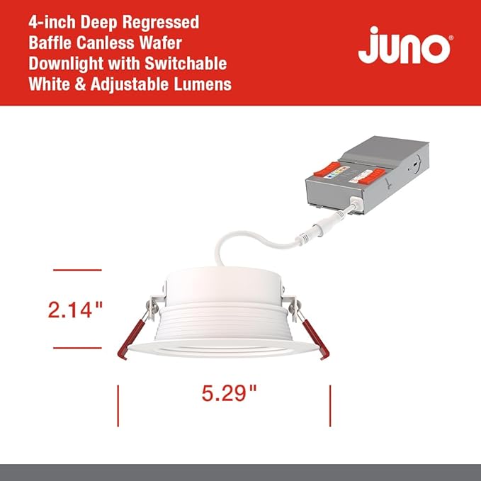 Juno Canless LED Wafer Light, Round Wafer Downlight, 5-in-1 Switchable White Color Temperature, Adjustable Brightness, Deep Regressed Baffled Trim, 4-Inch, White (WF4 Dreg B ALO19 SWW5 90CRI MW M6)