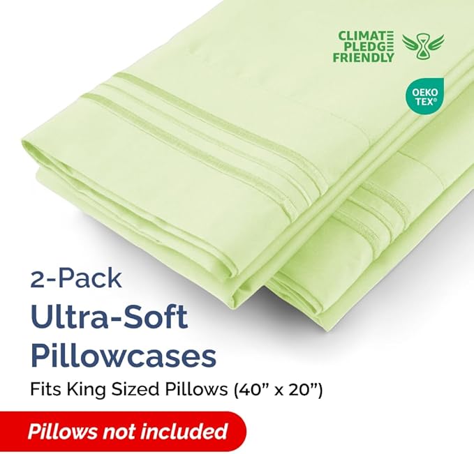 King Pillow Cases Set of 2 - Ultra Soft Hotel Quality Pillowcase Covers - Comfy, Cozy & Wrinkle Free - Shrinkage & Fade Resistant - Machine Washable Pillow Protectors - 2 Piece Set - Light Sage Green