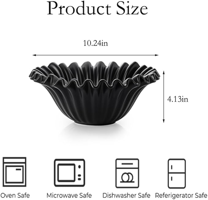 Large Decorative Bowl, Porcelain Fruit Bowl for Kitchen Counter HandCrafted Ruffle Flower Bowl for Home Decor Stylish Fluted Dish for Party, Black (10 inch) Halloween