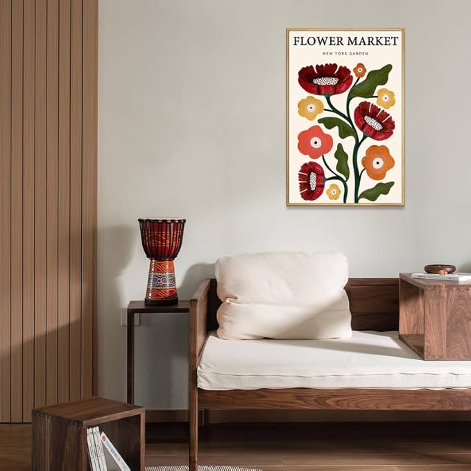 Gufro Framed Vintage Flower Market Canvas Wall Art - Botanical Prints for Living Room Bedroom Decoration - 12''x16'' Natural Framed