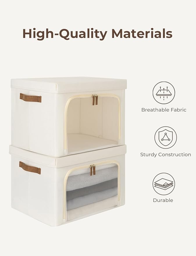 StorageWorks Storage Bins with Lids, Decorative Boxes with Clear Window for Clothes, Fabric Collapsible Baskets for Closet Organization, Large, Beige, 3 Packs