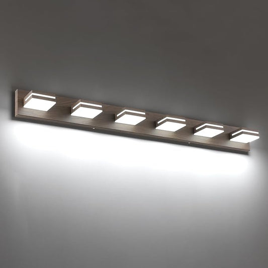 SineRise LED Modern Bathroom Vanity Light Fixtures (6-Light, 48-Inch, Dimmable), Brown Wood Painted Modern Acrylic Bathroom Wall Lighting Fixtures Over Mirror (Cool White 6000K)