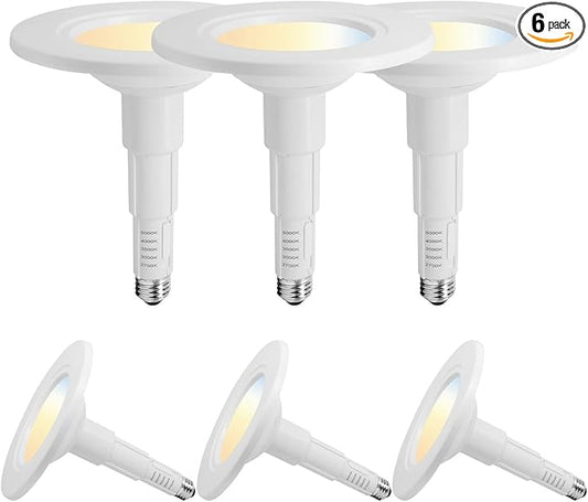 Jolux 5/6 Inch 5CCT Retrofit LED Recessed Lighting 6 Pack, Adjustable 5CCT 2700K-5000K, LED Replacement Can Lights,Dimmable,12=60W, E26 Base, Flat Trim,Easy Retrofit Downlight Installation.