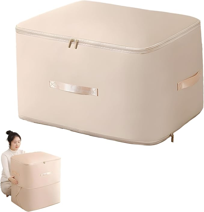 Dustproof and Moisture-proof Compression Storage Bag, Closet Organizers and Storage, Comforter Storage Bag, Folding Organizer bag for King/Queen Comforters, Bedding/Quilt, Space Saver (Apricot, L)