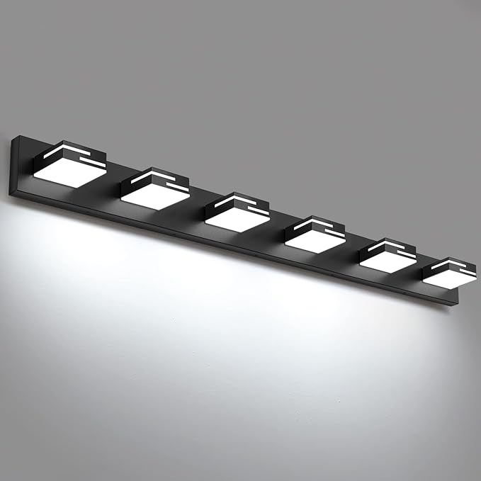 LED Modern Bathroom Vanity Light Fixtures, 6-Light 40-inch Dimmable Matte Black Vanity Lights for Bathroom Lighting Fixtures Over Mirror, with 350° Rotatable Acrylic Heads (Cool White 6000K)