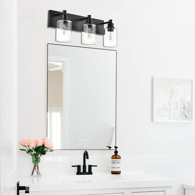 Industrial Wall Sconce Lighting in Matte Black Finish, 3-Light Bathroom Vanity Light Fixtures with Clear Glass Shades (E26 Bulb Base)