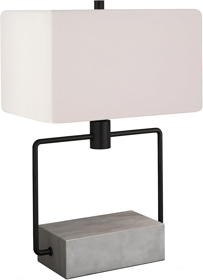 Henn&Hart 22'' Modern 1-Light Table Lamp with White Fabric Rectangle Shade for Living Room, Bedroom, or Office, Concrete/Blackened Bronze