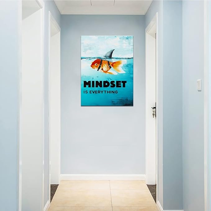 Inspirational Canvas Wall Art Mindset is Everything Goldfish Shark Print Artwork Motivational Poster Office Wall Decoration Wooden Frame Holiday Gift Ready to Hang[30″W X 40′'H]