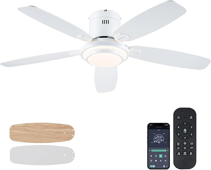 Low Profile Ceiling Fan with Lights and Remote/APP, 50 Inch Modern Flush Mount Ceiling Fan with 3CCT 6-Speeds Quiet DC Motor,Dimmable 3-Color Temperatures for Living Room Bedroom(White)