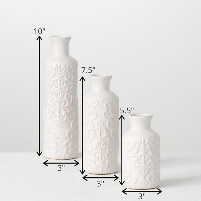 Sullivans Small White Embossed Ceramic Vase Set of 3, Matte Finish, Vases for Decor Modern Home Centerpieces, Mantle Tabletop for Living Room, Bedroom, Kitchen, Entryway Decor