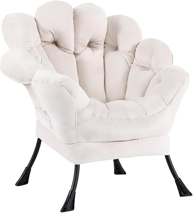 Lazy Chair, Modern Floral Reading Chair with Folding Footrest, Lounge Accent Chair, Comfortable Oversized Armchairs for Bedroom, Living Room, Courtyard, Velvet Beige