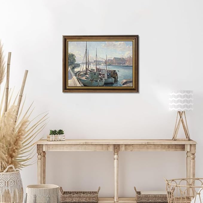 Yihaca Framed Canvas Prints Art Vintage Decor, Boats moored at a quay Canvas Prints Wall Decorations, Home Office Farmhouse Bathroom Decor-12''x16''in Vintage Brown Framed