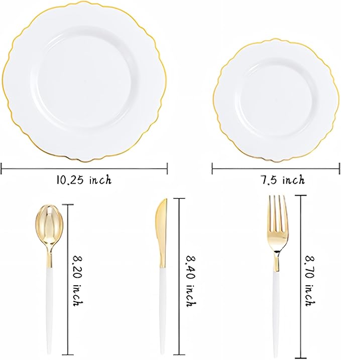 WDF 30Guest Gold Plastic Plates - High-end Baroque Design - 10.25&7.5in Wedding White and Gold Plates Disposable for Thanksgiving Parties/Wedding