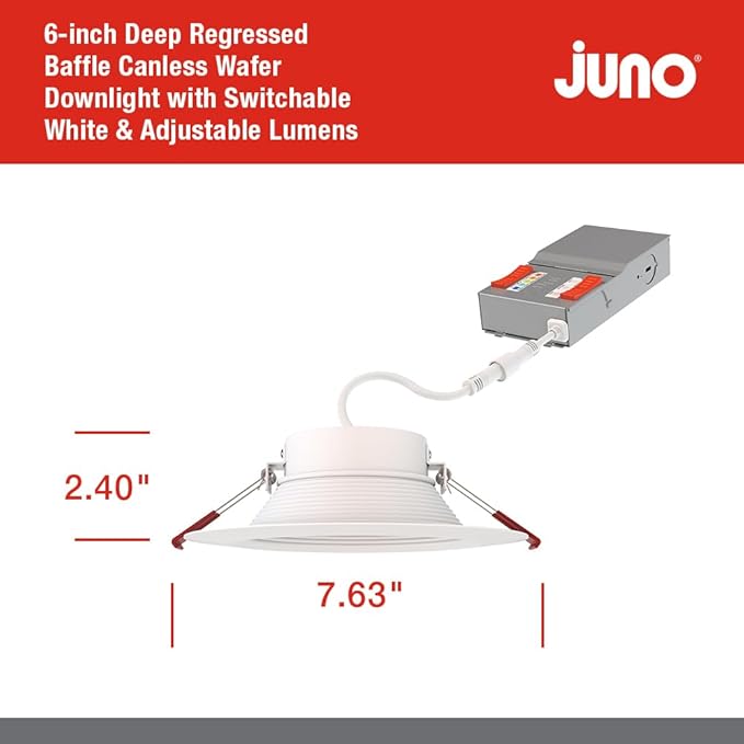 Juno LED Recessed Lights 6 Inch Round Wafer Downlight, 5-in-1 Switchable White Color Temperature, Adjustable Brightness, Deep Regressed Baffled Trim, 6-Inch, Matte White