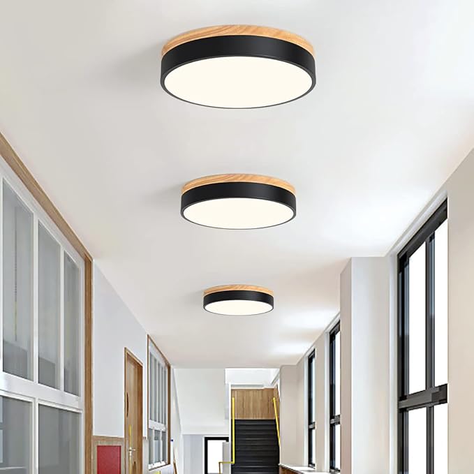 Dimmable Modern Wood Ceiling Light, Black LED 5CCT 2700K-6000K Flush Mount Ceiling Lighting Fixture, Round Light Fixtures for Kitchen Entryway Hallway Bedroom Laundry Room-11.8in