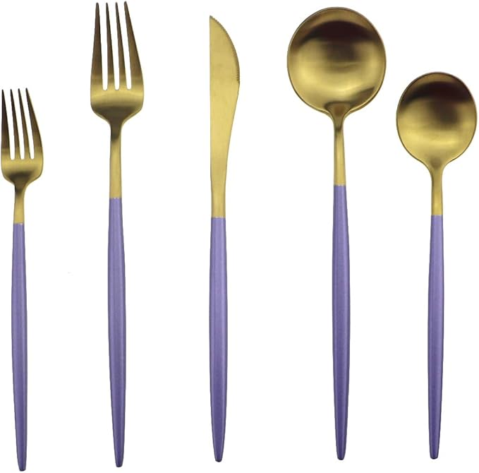 Gugrida Royal 20 Piece Matte Purple Handle 18/10 Stainless Steel Tableware Sets for 4 Including Forks, Spoons, Knives, Camping Silverware Travel Utensils Set Cutlery