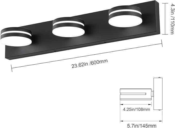 3-Light Bathroom Vanity Light Over Mirror, (24inch Dimmable) Matte Black LED Vanity Lighting Fixtures, Modern Bathroom Wall Light Fixtures with 360°Rotating Lamp Head (Cool White 5500K)