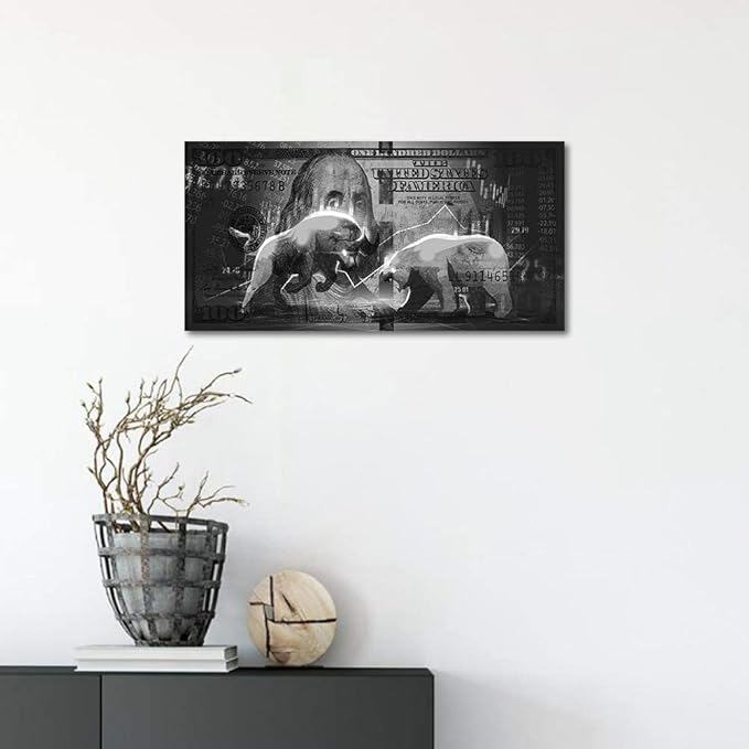 Wall Street Charging Bull Bear Canvas Paintings 100 Dollar Bill Money Poster Wall Art Picture Office Wooden Framed Easy and Ready to Hang-32 inch x 16 inch