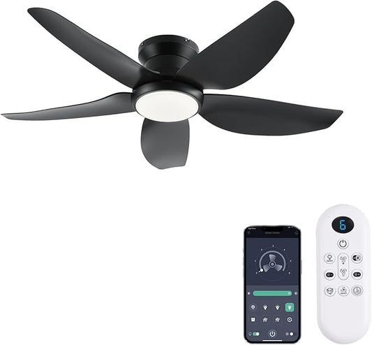 Ceiling Fans with Lights, 43 Inch Low Profile Ceiling Fan with Light and Remote/App Control, Flush Mount, Reversible DC Motor, 3CCT, Dimmable, Noiseless, Black Ceiling Fan for Indoor/Outdoor Use