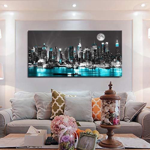 Canvas Wall Art Blue sea New York Paintings Wall Art,Black and White Stretched Wall Art for Bedroom Artwork Canvas Art Prints, 20"x40"Wall Decoration Painting Bedroom Wall Decor Office, Ready to Hang