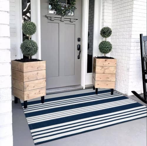 OJIA Blue and White Outdoor Rug 3’x5‘ Cotton Woven Fall Striped Front Porch Rug Machine Washable Indoor Outdoor Rugs Farmhouse Entry Rug Layered Door Mat for Entryway/Kitchen/Laundry/Living Room