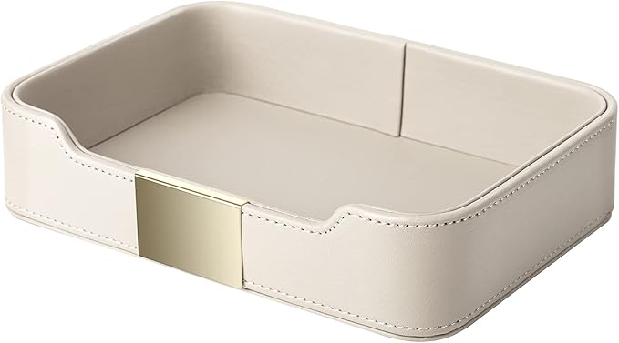 SANZIE Luxury Leather Tray Desktop Storage Catchall Organizer Decorative Tray for Entryway Table to Hold Jewelry Watch Keys Phone Wallet (Metal Glided, Grey)