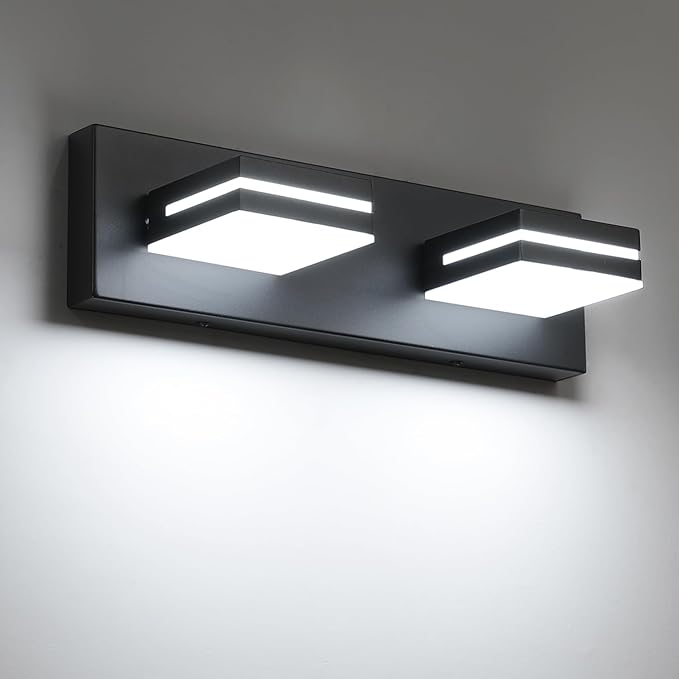 SineRise LED Modern Bathroom Vanity Light Fixtures (2-Light, 15.5-Inch), Matte Black Modern Acrylic Bathroom Wall Lighting Fixtures Over Mirror (Cool White 6000K)