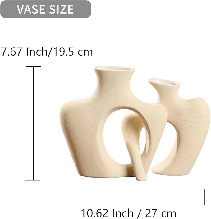 Beige Ceramic Vases for Decor, Set of 2 Small Decorative Vase Modern Boho Aesthetic Flower Vases for Table Centerpiece Dining Room Shelf Living Room Office Décor