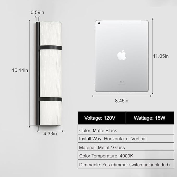 LED Bathroom 16 Inch Vanity Lighting Fixtures | CRI 90 4000K Matte Black Wall Sconces Set of Two with White Frosted Glass Lamp Shade | 120V 15W 1200LM Dimmable with Dimmer Switch(not Included)