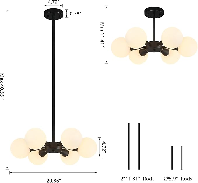 Modern Ceiling Light with Milk White Glass lampshade Black Semi Flush Mount Ceiling Light Fixture Sputnik Chandelier for Bedroom Living Room Dining Room Foyer Hallway(6-Lights)