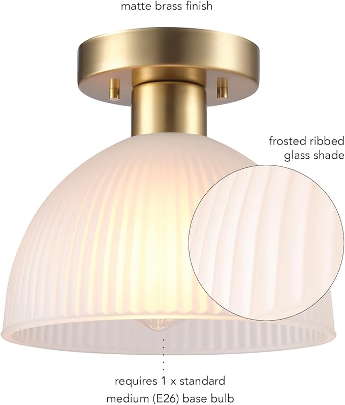GLOBE Electric 66000129 1-Light Semi-Flush Mount Ceiling Light, Matte Brass, Frosted Ribbed Glass Shade, Home Improvement, Dining Room, Kitchen